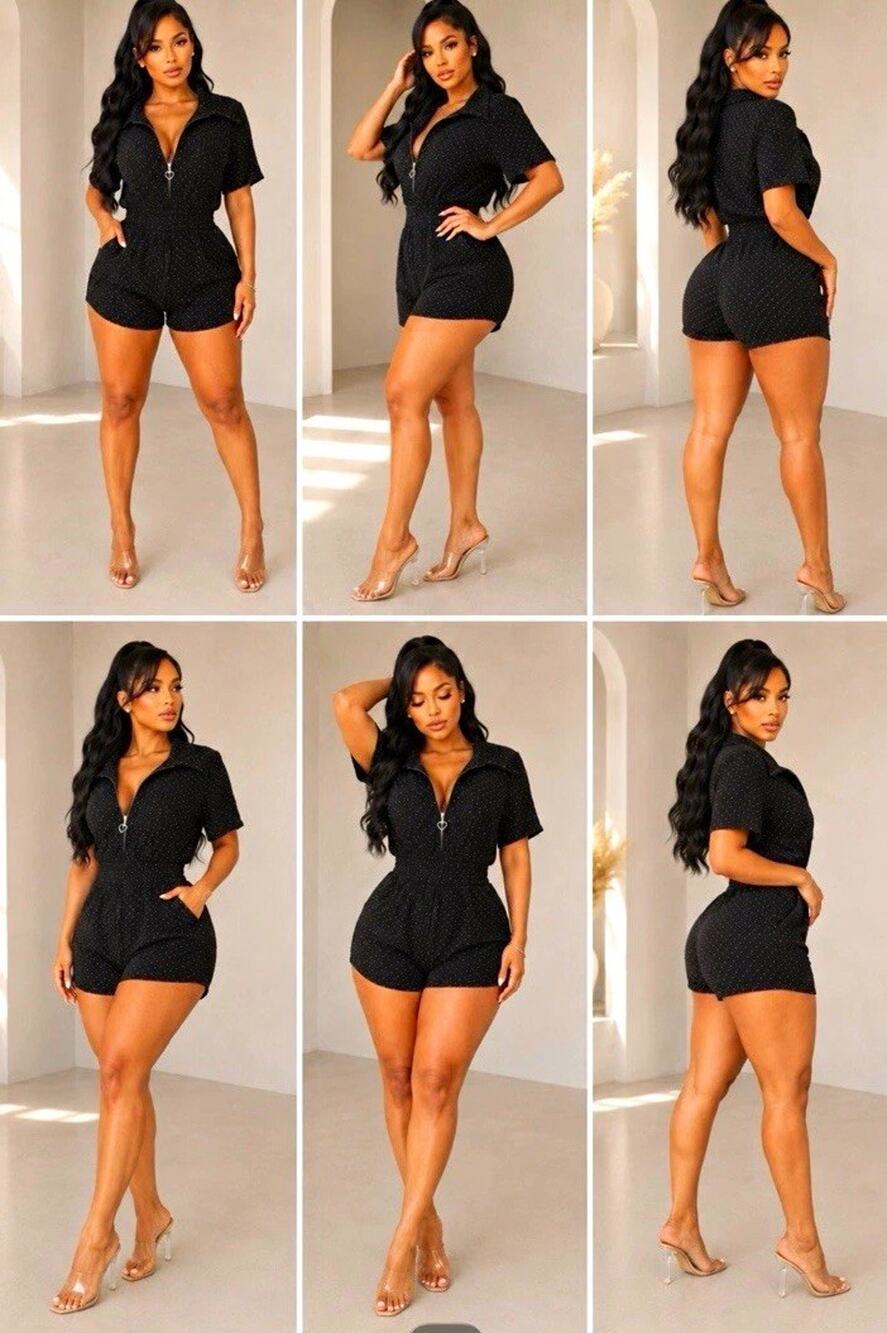 Women’s Black rhinestone Collared Zip Front Romper w/ Pockets Knit S
